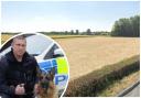 Fields at Oven Back Farm, Winwick Lane, where PC Powell's body was found/PC Powell and PD Frank (inset)