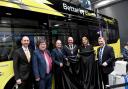 Ben Wakerley, of Warrington's Own Buses, council chief executive Steven Broomhead, council leader Cllr Hans Mundry, town mayor Cllr Steve Wright, Warrington's Own Buses chair Cllr Cathy Mitchell and Warrington South MP Andy Carter with a new bus