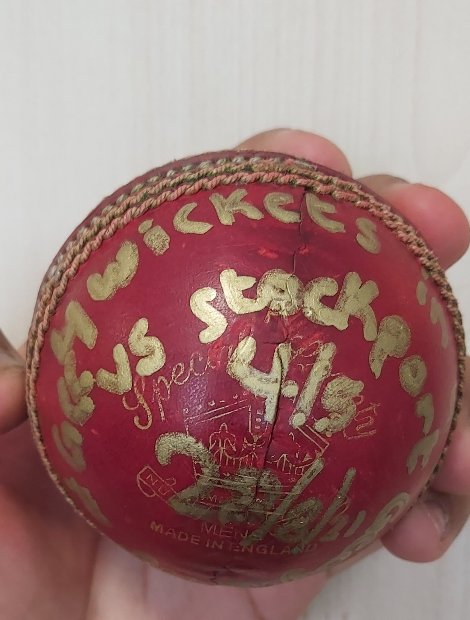 The matchball presented to Sunder after he took four wickets in four balls