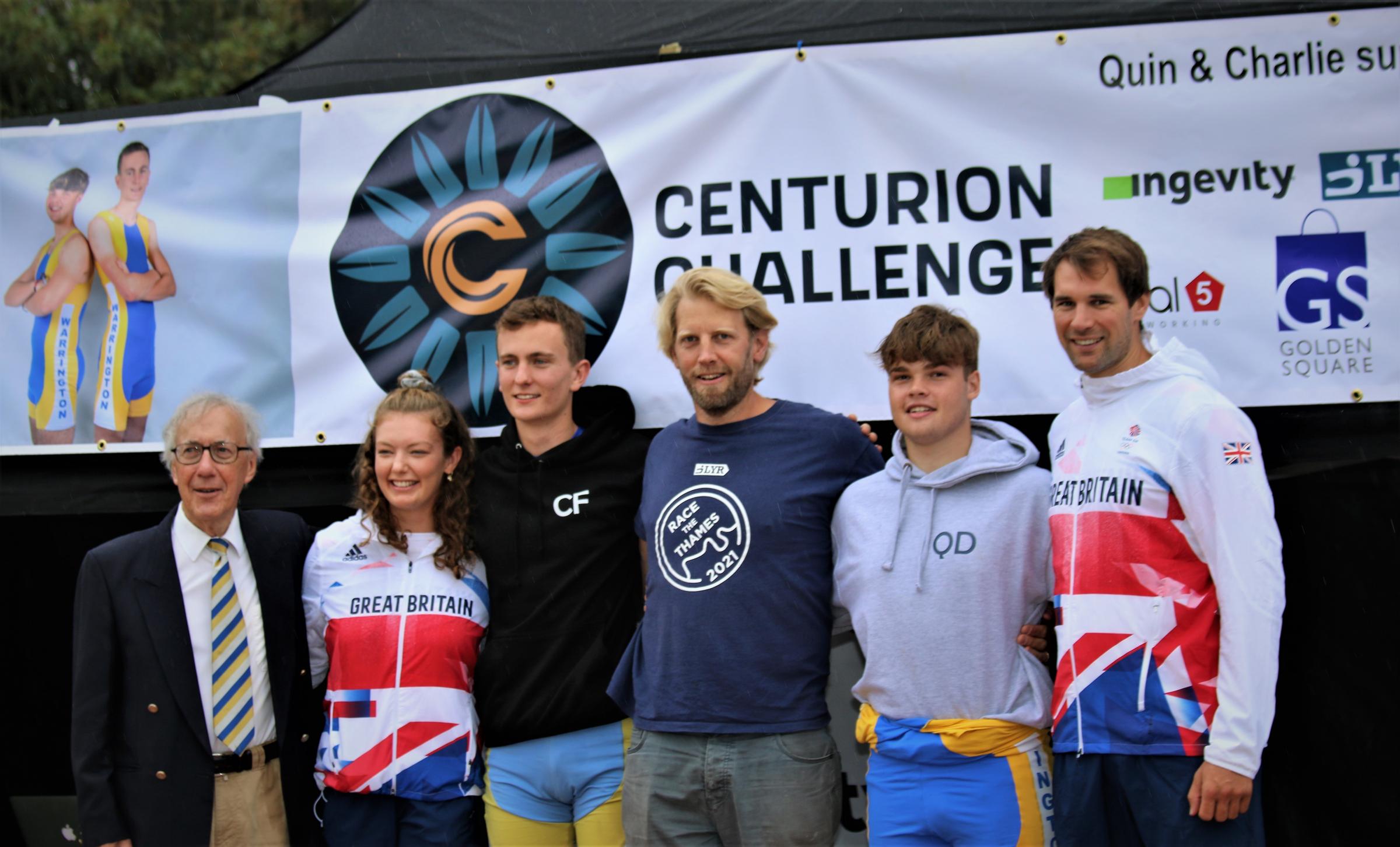 Quinlan Dunne and Charlie Ford with Andy Triggs-Hodge (triple Olympic gold medalist) Lucy Glover (Warringtons very own Tokyo 2020 Olympian), Graeme Thomas (also a north west Olympian who competed in Tokyo) and Mac Warrington Rowing Club President