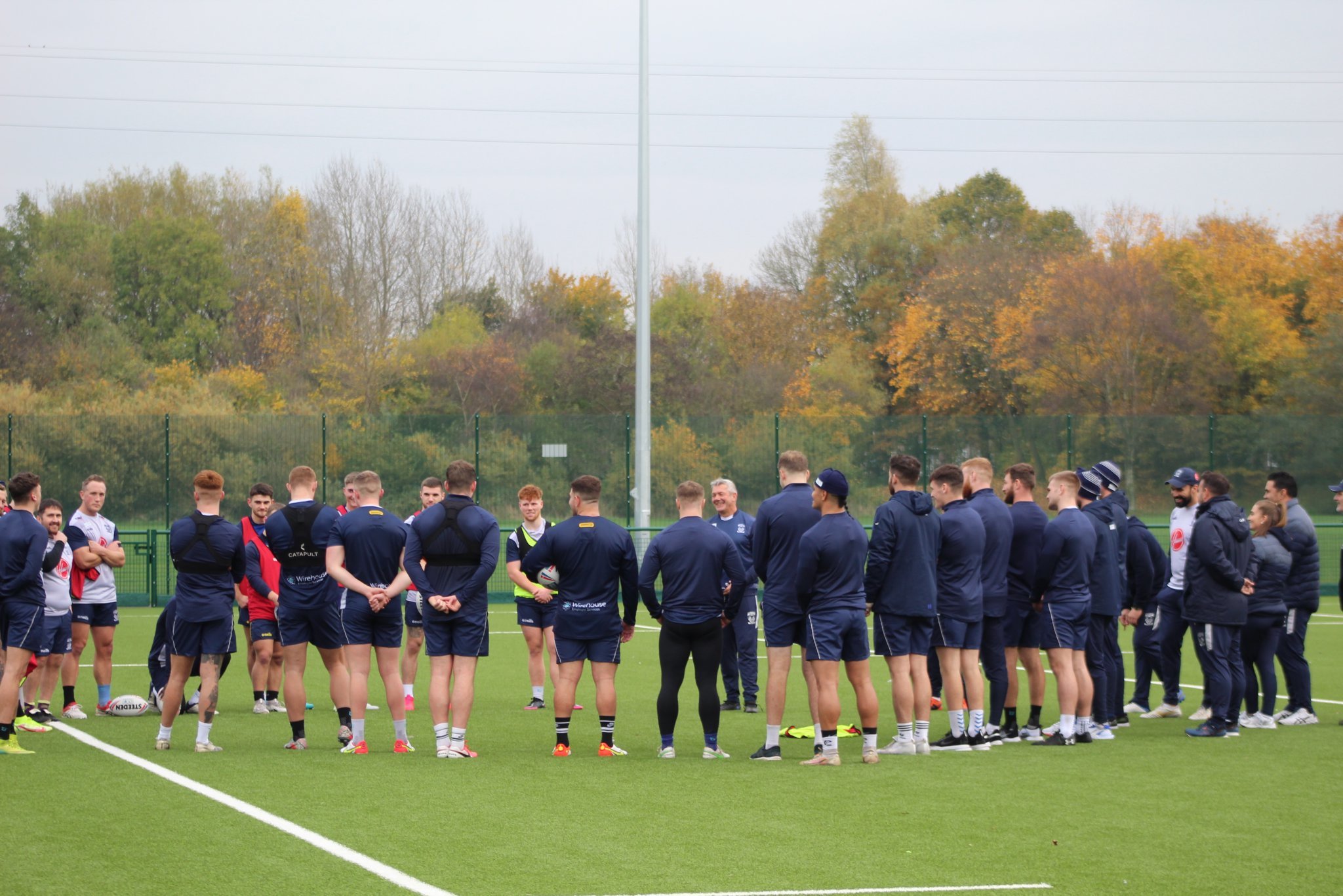 New head coach Daryl Powell gathers his players on the first day of pre-season training. Picture by Warrington Wolves