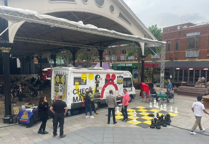 One initiative saw the Battling Suicide Five-a-side Chess Bus visit the town along with its giant street board