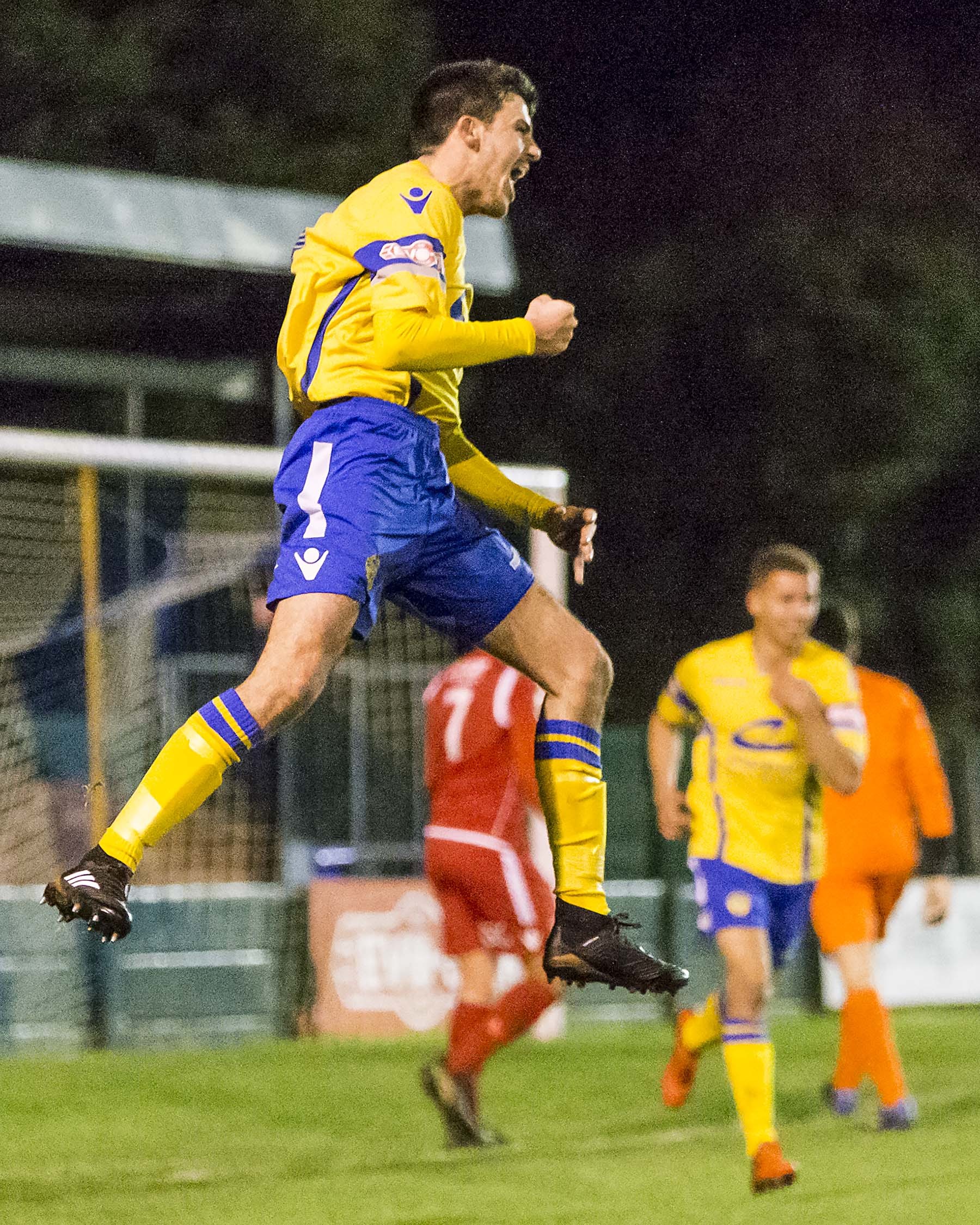 Jamie McDonald celebrates scoring during his first spell with Warrington Town. Picture by John Hopkins