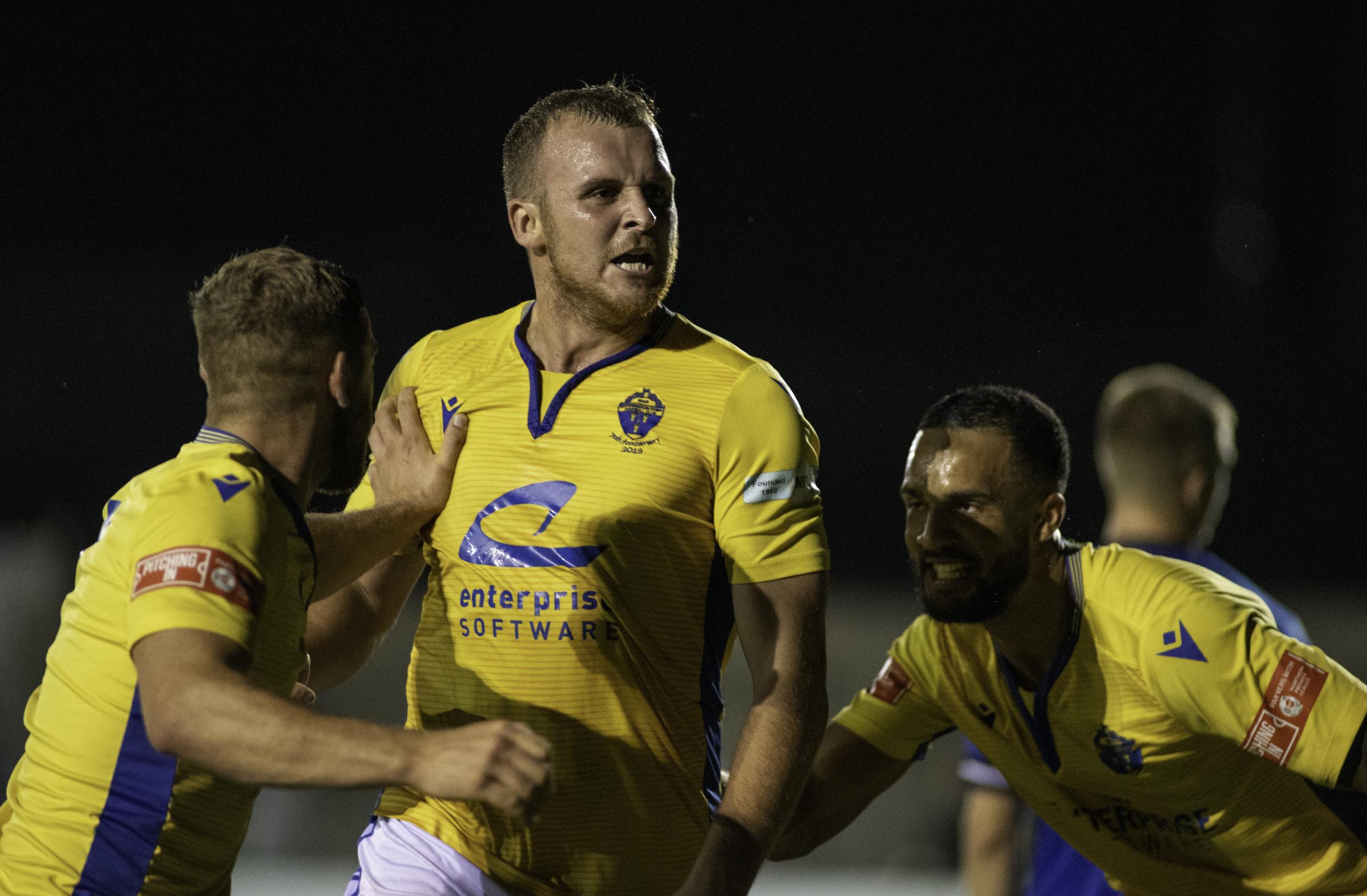 Josh Amis celebrates the winning goal in Yellows 1-0 victory at Lancaster in the reverse fixture in September. Picture by Karl Vallantine