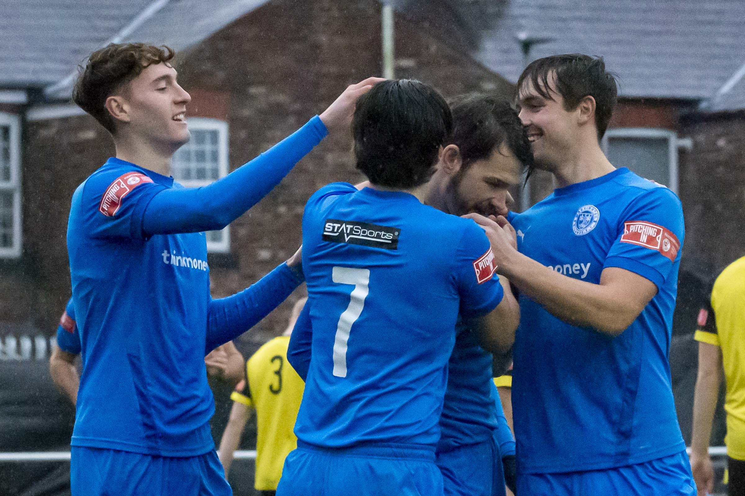 Warrington Rylands celebrate scoring against Newcastle Town on Saturday. Picture by John Hopkins