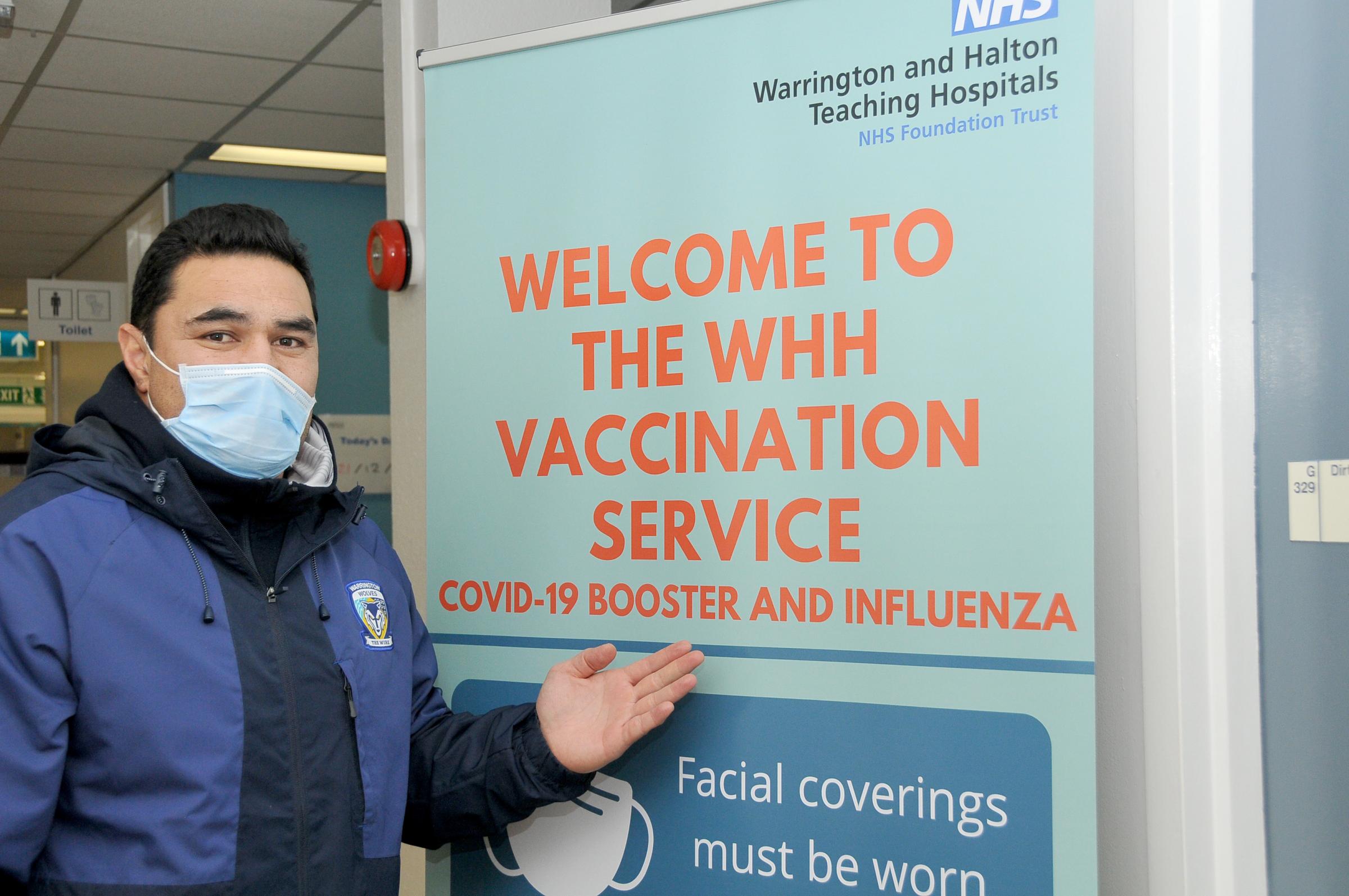 Kylie Leuluai received his Covid booster vaccine at Warrington Hospital (Image: Dave Gillespie)