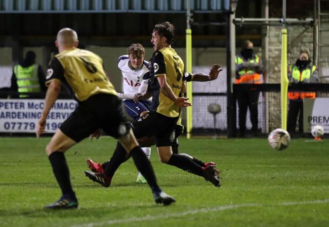 Alfie Devine scores against Marine to become Tottenham Hotspurs youngest ever goalscorer. Picture by PA Wire