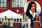 Police at the Ahmeds' home on Liverpool Road in Great Sankey and, inset, Shafilea Ahmed