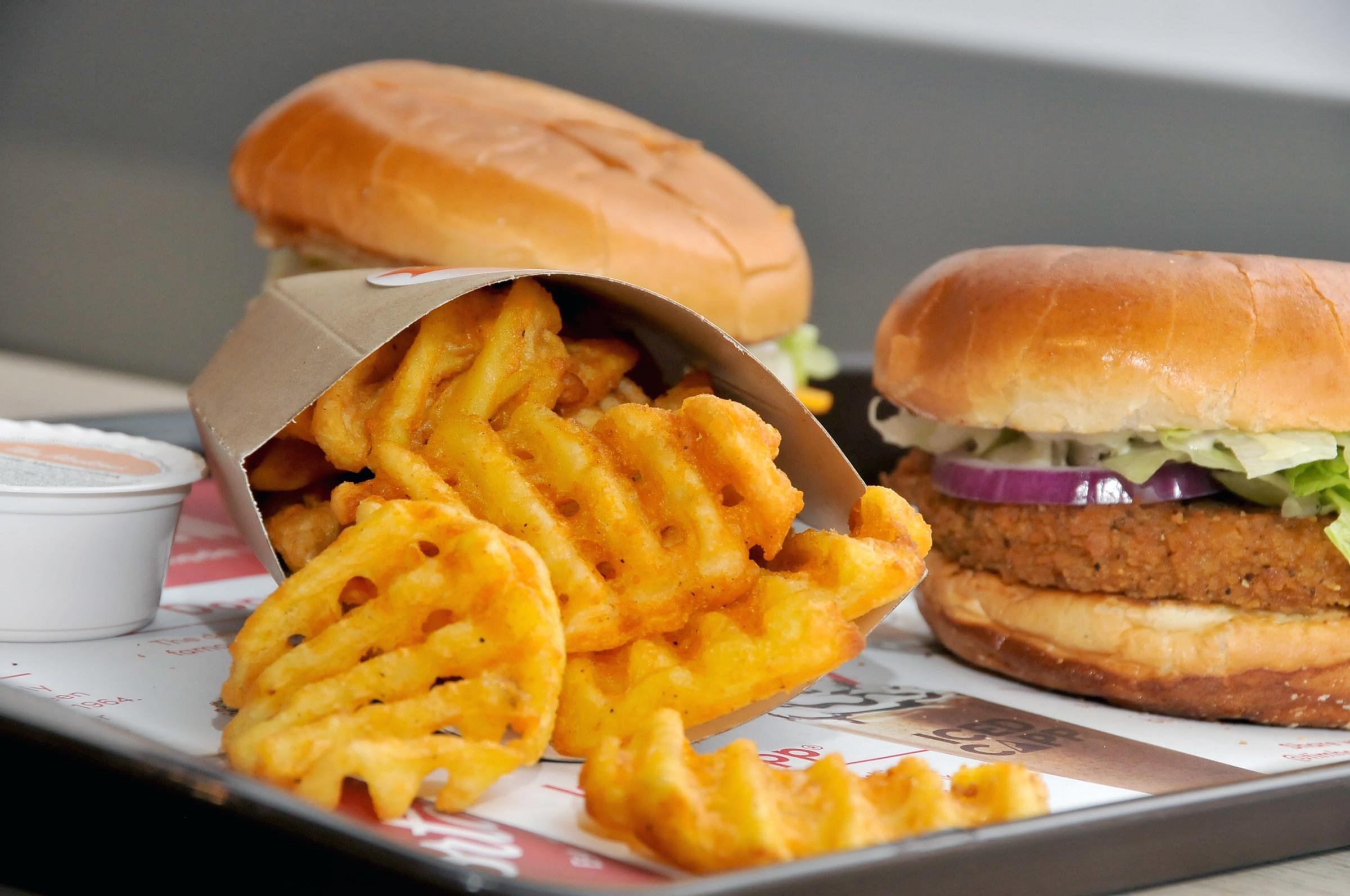 Lattice fries and burgers pictured