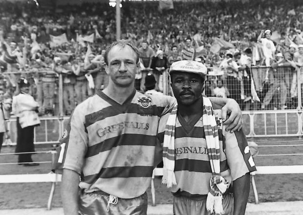 Warrington Guardian: Warrington Wolves' Bob Jackson and Des Drummond deflated at Wembley in 1990 after the Challenge Cup Final defeat to Wigan