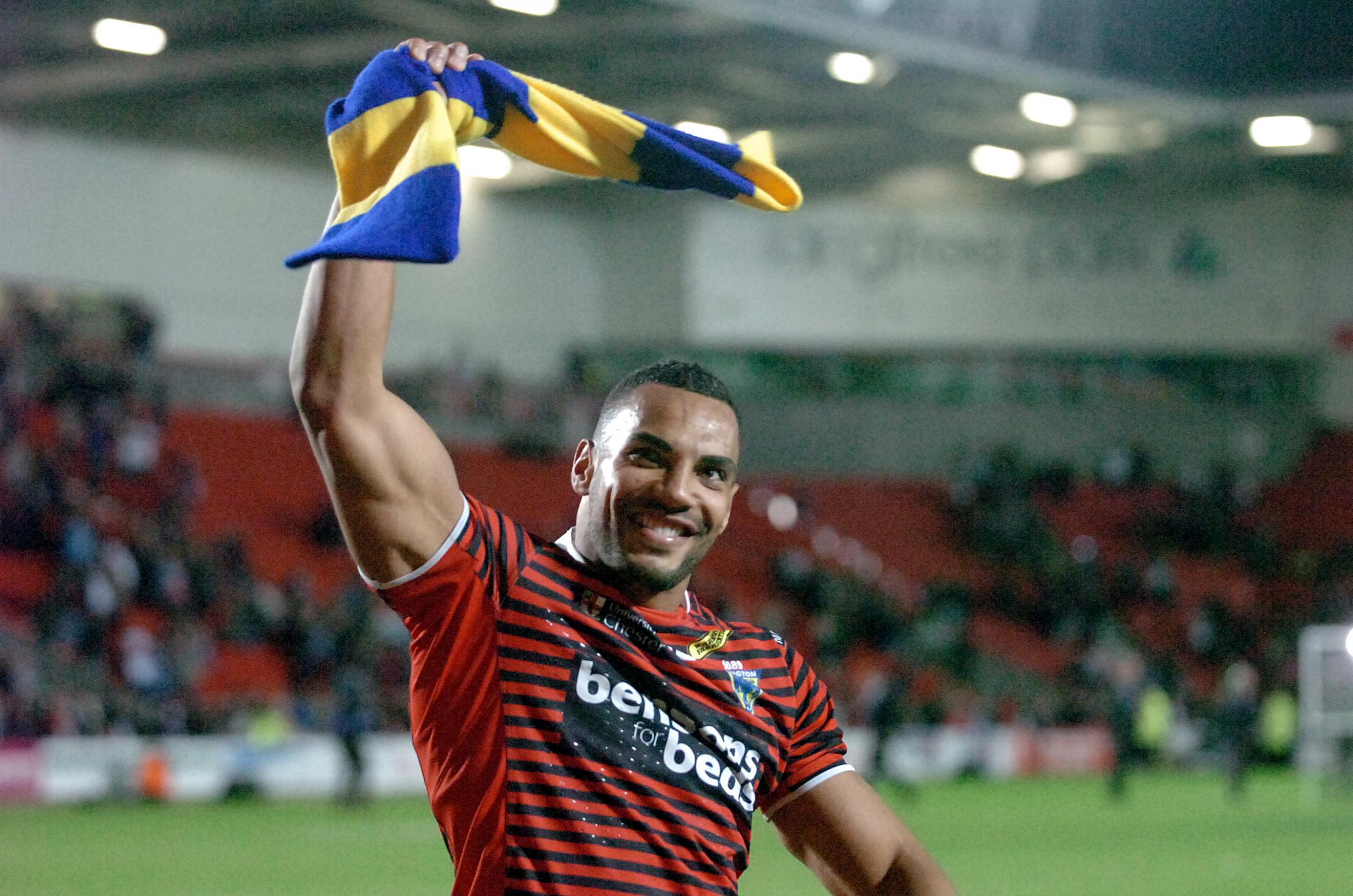 Ryan Atkins celebrates the 2012 Super League semi-final win at the Totally Wicked Stadium (then Langtree Park). Picture by Mike Boden