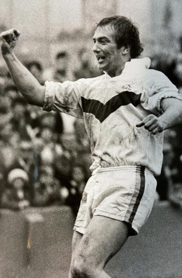 Warrington Guardian: Ken Kelly punches the air in delight in the 1982/83 season