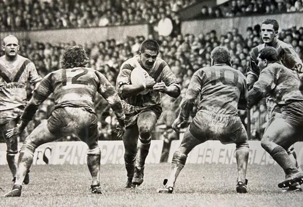 Warrington Guardian: There doesn't look to be a way through for Kevin Tamati against Wigan at Wilderspool in 1987