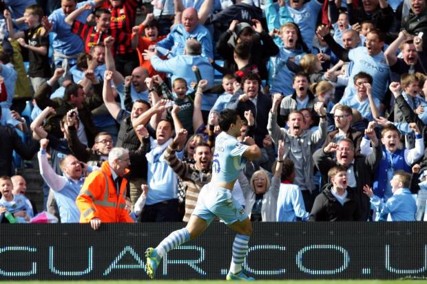 Manchester City’s Sergio Aguero celebrates his stoppage-time winner against QPR which clinched the 2011-12 Premier League title