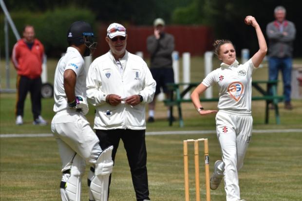 Sophie Morris bowling for Upton in their defeat to Mobberley (pic: Bob Shaw)