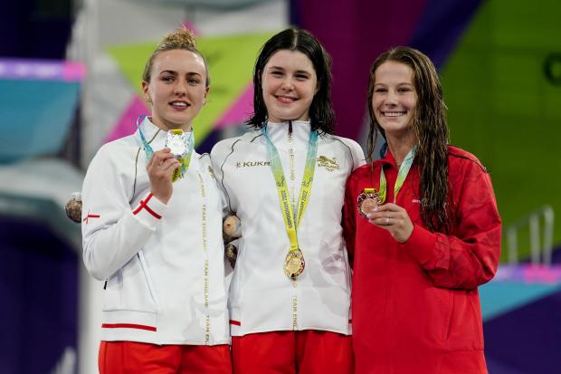 Warrington Guardian: England’s Andrea Spendolini Sirieix (centre) with her Gold Medal, England’s Lois Toulson with her Silver Medal (left) and Canada’s Caeli McKay with her Bronze Medal after the Women’s 10m Platform Final at Sandwell Aquatics Centre on day seven of the 2022 Commonwealth Games. Credit: PA