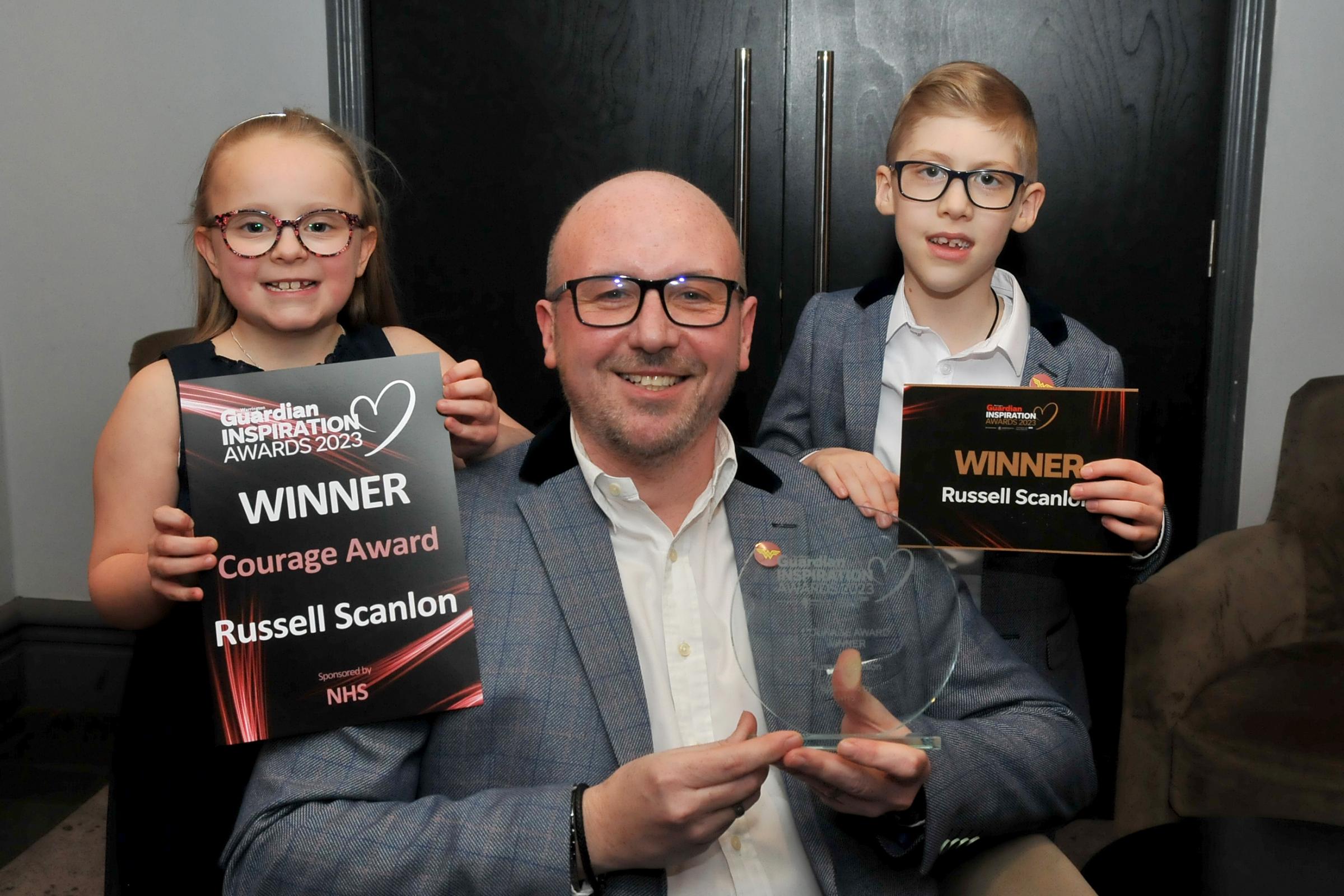 Courage Award winner Russell Scanlon with children Keeva and Logan