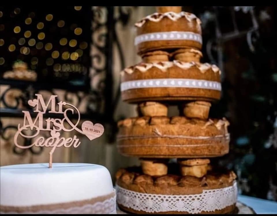 A bespoke wedding cake made of pies
