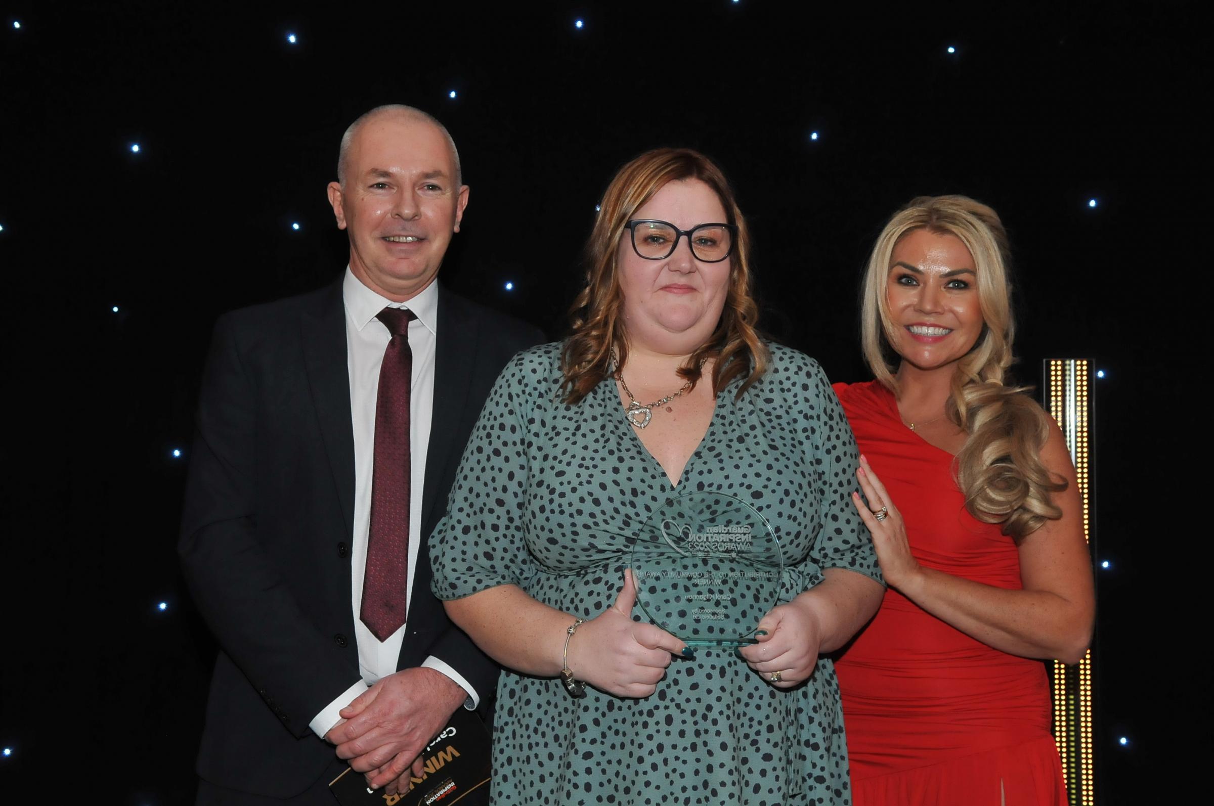 Contribution to the Community 2023 winner Carol Kilgannon with Sellafields Stephen Barnes and radio presenter Leanne Campbell