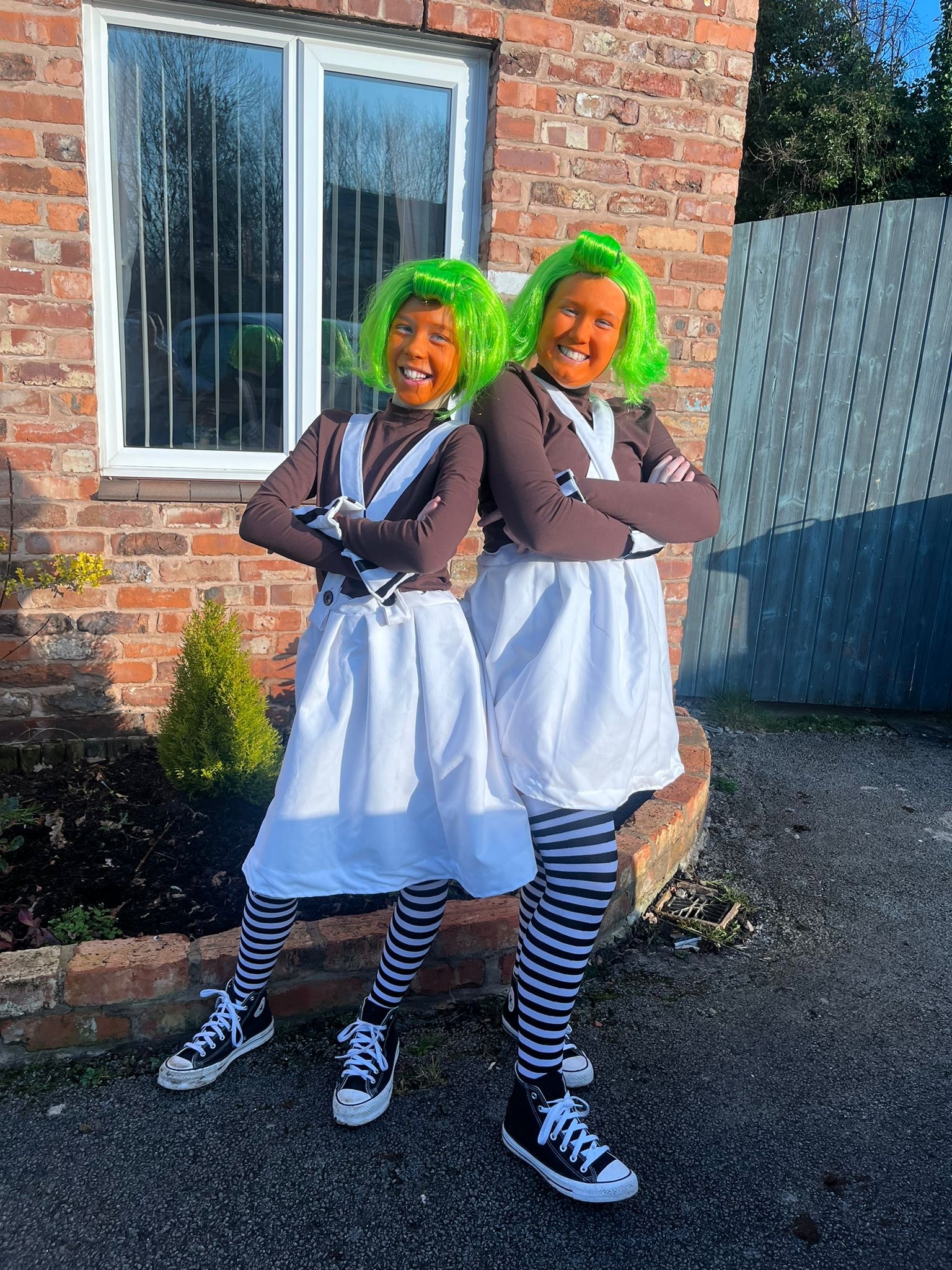 Alice Cresswell and Evie Graham-Walker as homemade Oompa Loompas