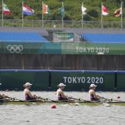 Lucy Glover, at the front of the boat, in action at the Olympic Games in Tokyo. Picture by PA Wire