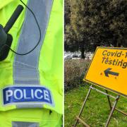 (left) Police officer on a radio. (right) Covid testing sign. Credit: PA