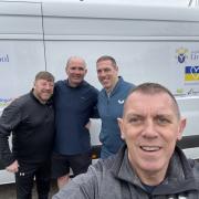Dave Lyon and the team - including his ex-rugby league team-mate Chris Joynt - before embarking on their cross-country journey