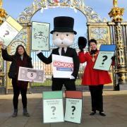 The Monopoly Man visits the Golden Gates with mayor of Warrington Cllr Maureen Creaghan and Winning Moves UK's Jennifer Lau