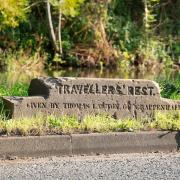 The travellers'  rest stone at Grappenhall, on Chester Road and adjacent to Bridgewater Canal