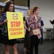 Animal rights activists attended the opening of Warrington's new Lidl store