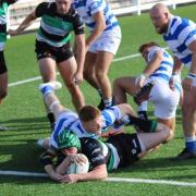 Back row Harry Martin scores for Lymm against Tynedale