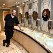 Shift leader Martyn Jones in the ladies toilets in The Friar Penketh, Warrington