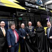 Ben Wakerley, of Warrington's Own Buses, council chief executive Steven Broomhead, council leader Cllr Hans Mundry, town mayor Cllr Steve Wright, Warrington's Own Buses chair Cllr Cathy Mitchell and Warrington South MP Andy Carter with a new bus