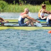 Richard Egington, second from left, racing with the men's eight in today's repechage on Lake Dorney. Pictures by Jessica Mann