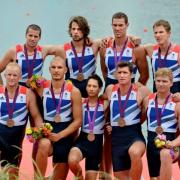 Richard Egington, second from right on the back row, with the men's eight and their bronze medals. Picture by Jessica Mann