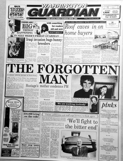 When Terry Waite was kidnapped in Libya, the Warrington Guardian was the first paper to speak to his mother who still lived in the town. This was the last broadsheet paper produced in 1990