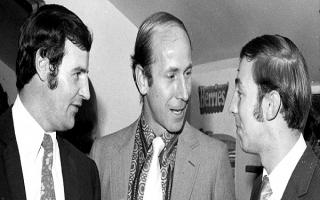 Sir Bobby Charlton chats with Warrington Rugby League Club's Alex Murphy, left, and Parry Gordon, with the picture believed to have been taken at Wilderspool Stadium in the mid-1970s