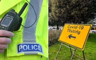 (left) Police officer on a radio. (right) Covid testing sign. Credit: PA