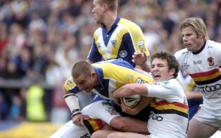 Sam Burgess tackles Paul Wood in his one and only Halliwell Jones Stadium appearance as a Bradford Bulls player