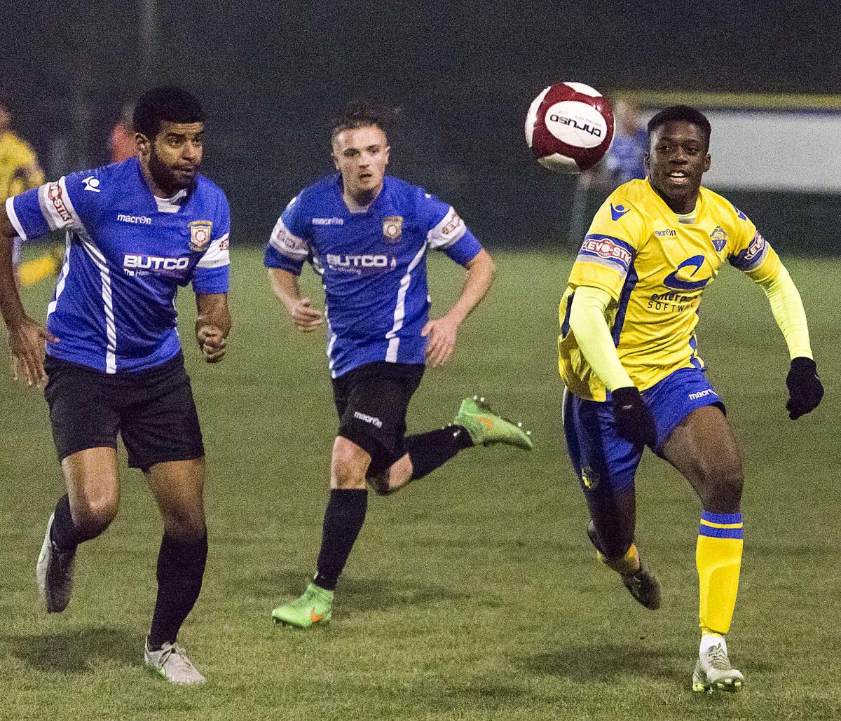All the action as Town edge out Sutton Coldfield at a cold and foggy Cantilever Park on Saturday. Pictures by John Hopkins