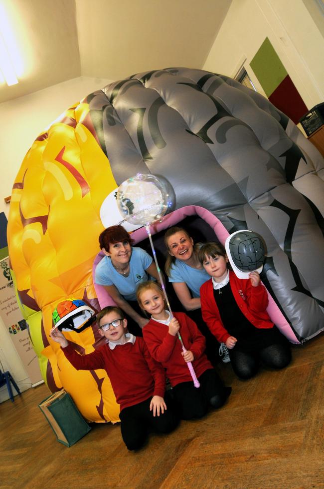 Beamont primary   giant brain visits school L to r Elizabeth Cronshaw and Grow your mindset gemma Sanchez with front l to R Lewis buttress, Lexi Wilson  Ayla Cullerton.
