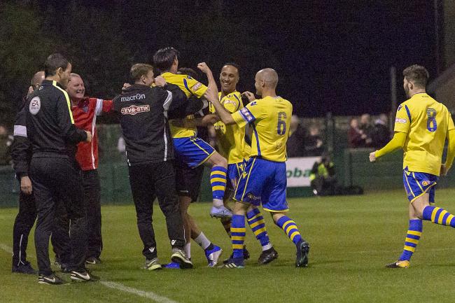 Wild celebrations of a Yellows goal in the victory over Nantwich. Picture by John Hopkins