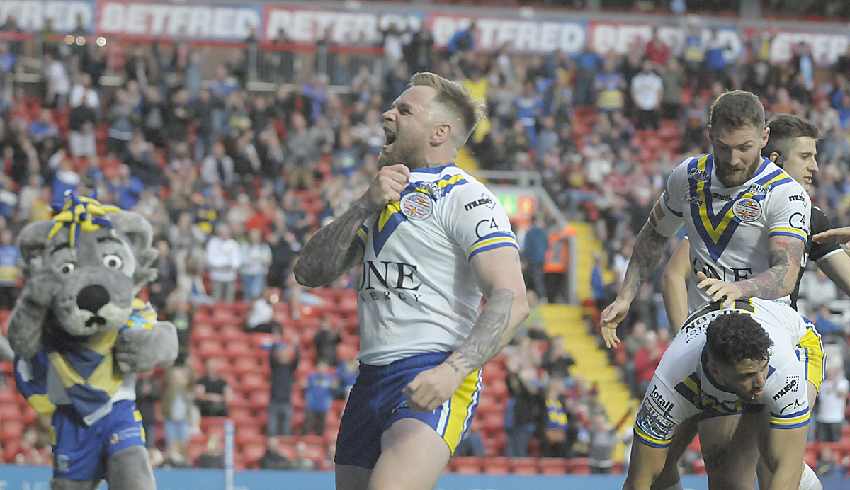 Blake Austin celebrates his stunning try against Wigan at 2019s Magic Weekend. Picture by Mike Boden